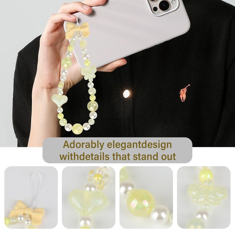 LUVI Beaded Phone Charm Lanyard Wrist Strap Love Heart Bow Beads Butterfly Chain Flower String Pearl Bling Bracelet Keychain Cute Fashion for Women - Image 3